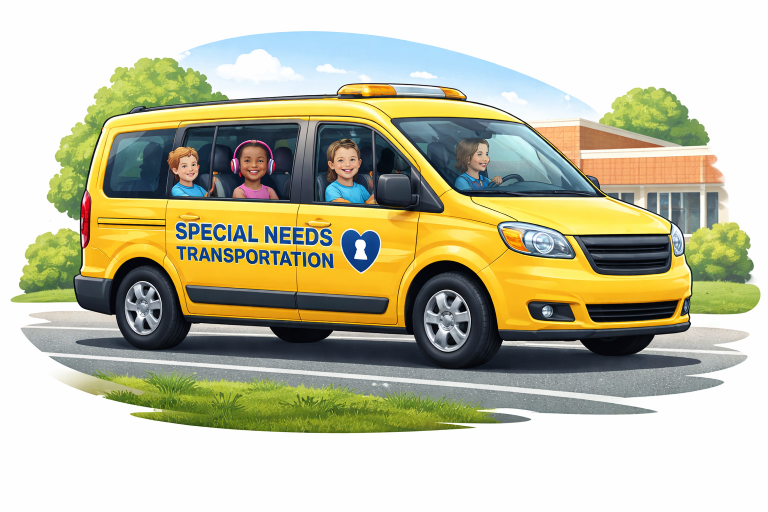 Illustration of a friendly accessible transportation van with happy passengers